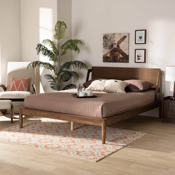 Baxton Studio Sadler Mid-Century Modern Ash Walnut Brown Finished Wood Full Size Platform Bed - 174-10911-ZORO