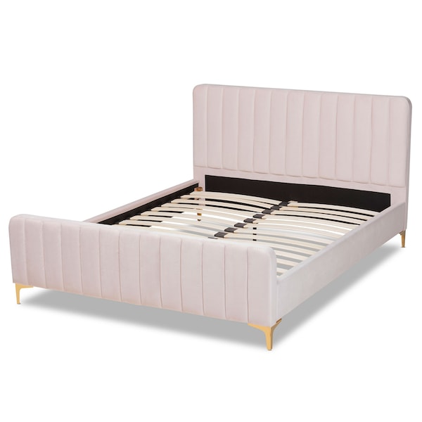 Baxton Studio Nami Modern Glam and Luxe Light Pink Velvet Fabric and Gold Finished Queen Size Platform Bed - 174-11185-ZORO