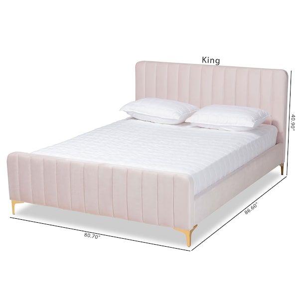 Baxton Studio Nami Modern Glam and Luxe Light Pink Velvet Fabric and Gold Finished Queen Size Platform Bed - 174-11185-ZORO