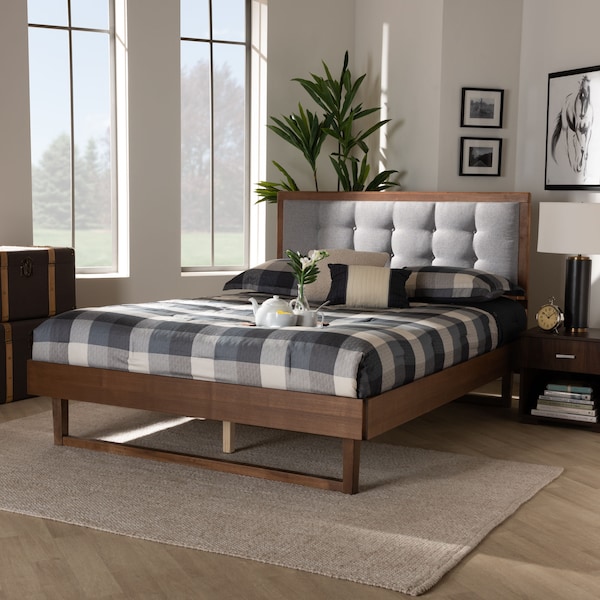 Baxton Studio Viviana Grey Upholstered and Walnut Wood Full Size Platform Bed - 167-9410-9434