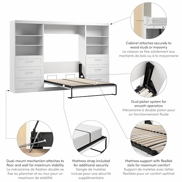 Bestar Bestar Pur Full Murphy Bed and 2 Shelving Units with Drawers (131W) in White - 26896-17