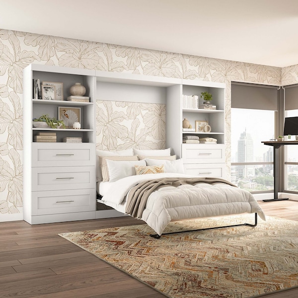 Bestar Bestar Pur Full Murphy Bed and 2 Shelving Units with Drawers (131W) in White - 26896-17