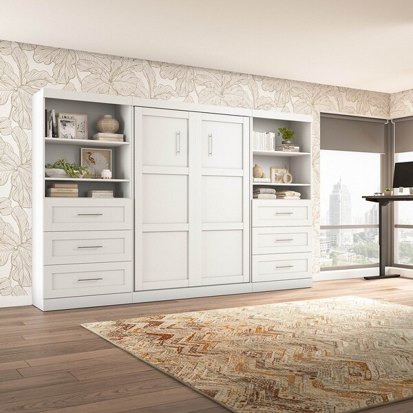 Bestar Bestar Pur Full Murphy Bed and 2 Shelving Units with Drawers (131W) in White - 26896-17