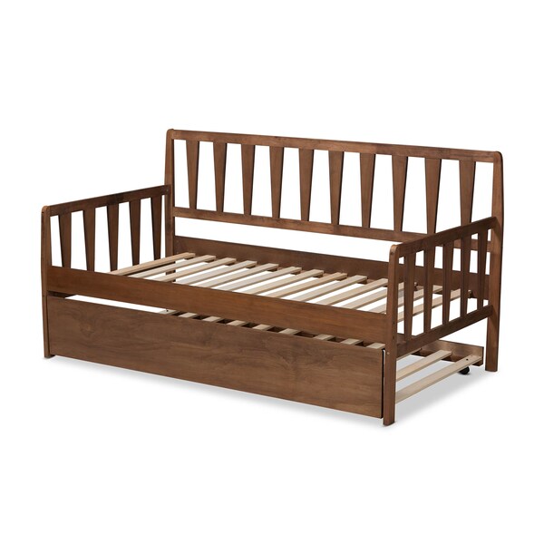 Baxton Studio Midori Walnut Wood Twin Size Daybed with Roll-Out Trundle Bed - 168-10834-10835