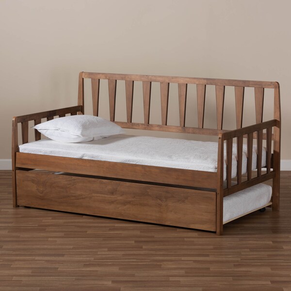 Baxton Studio Midori Walnut Wood Twin Size Daybed with Roll-Out Trundle Bed - 168-10834-10835