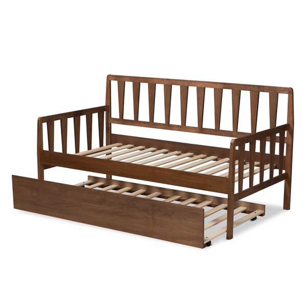Baxton Studio Midori Walnut Wood Twin Size Daybed with Roll-Out Trundle Bed - 168-10834-10835