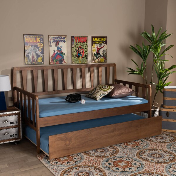Baxton Studio Midori Walnut Wood Twin Size Daybed with Roll-Out Trundle Bed - 168-10834-10835