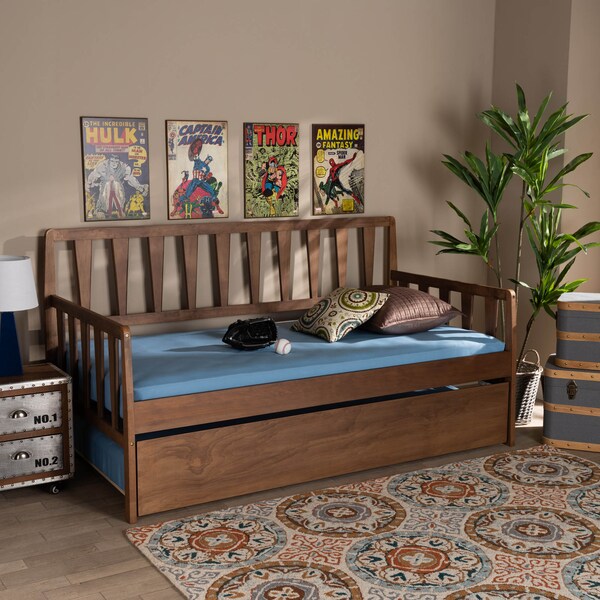Baxton Studio Midori Walnut Wood Twin Size Daybed with Roll-Out Trundle Bed - 168-10834-10835
