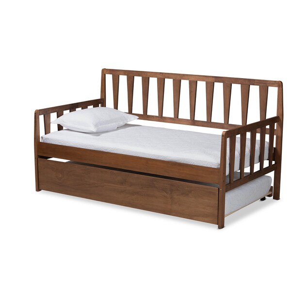 Baxton Studio Midori Walnut Wood Twin Size Daybed with Roll-Out Trundle Bed - 168-10834-10835