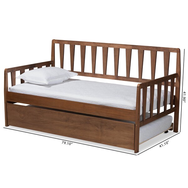 Baxton Studio Midori Walnut Wood Twin Size Daybed with Roll-Out Trundle Bed - 168-10834-10835