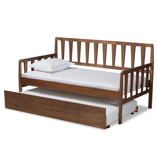 Baxton Studio Midori Walnut Wood Twin Size Daybed with Roll-Out Trundle Bed - 168-10834-10835