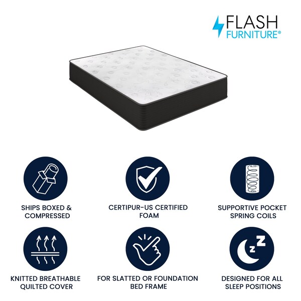 Flash Furniture Dream Cooling Gel 12in. Foam and Pocket Spring Hybrid Mattress, Queen Mattress in a Box - BS-E230P-R-Q-12-C-BK-GG