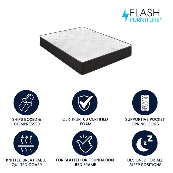 Flash Furniture Dream Cooling Gel 10in. Foam and Pocket Spring Hybrid Mattress, Queen Mattress in a Box - BS-E230P-R-Q-10-C-BK-GG