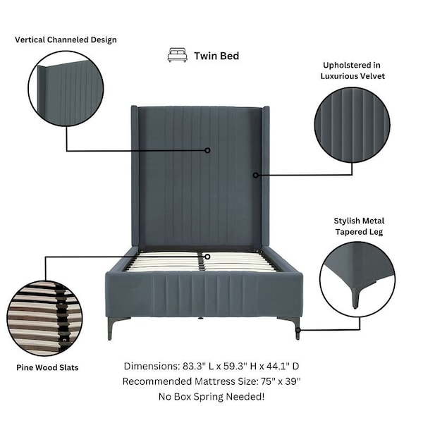Manhattan Comfort Promenade Twin-Size Bed in Grey - BD010-TW-GY
