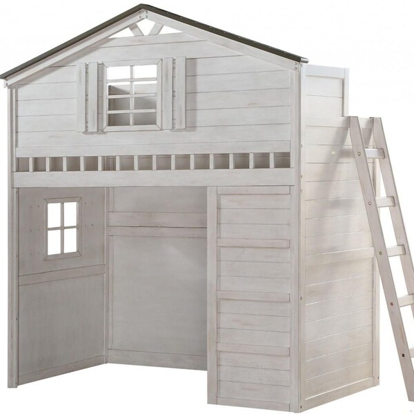 Homeroots 43 x 80 x 88 in. Weathered White Washed Gray Wood Loft Twin Size Bed - 347188