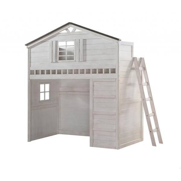 Homeroots 43 x 80 x 88 in. Weathered White Washed Gray Wood Loft Twin Size Bed - 347188