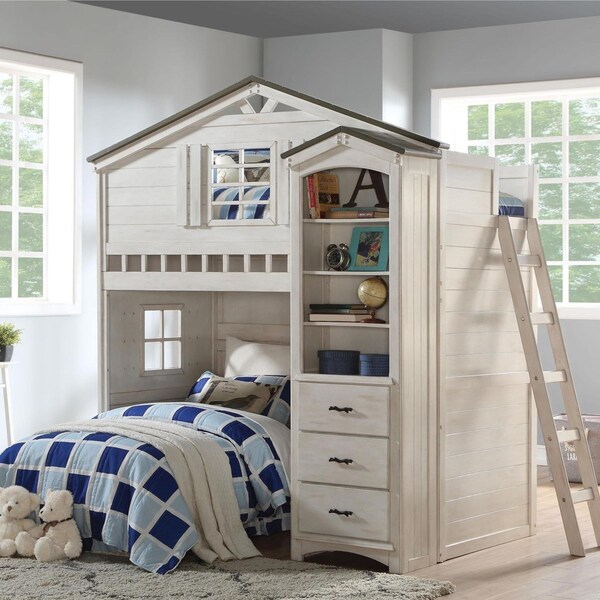 Homeroots 43 x 80 x 88 in. Weathered White Washed Gray Wood Loft Twin Size Bed - 347188
