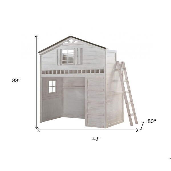 Homeroots 43 x 80 x 88 in. Weathered White Washed Gray Wood Loft Twin Size Bed - 347188