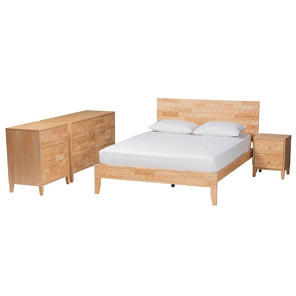 Baxton Studio Hosea Japandi Carved Honeycomb Natural King Size 4-Piece Bedroom Set - 246-13620-13627-13622-13623-ZORO