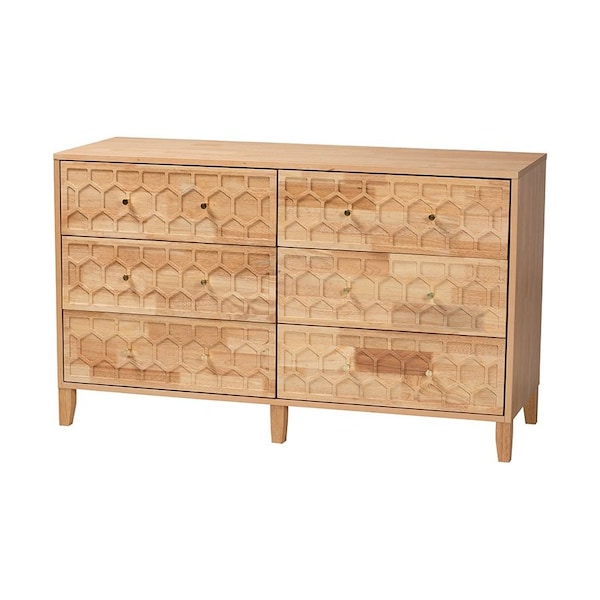 Baxton Studio Hosea Japandi Carved Honeycomb Natural King Size 4-Piece Bedroom Set - 246-13620-13627-13622-13623-ZORO