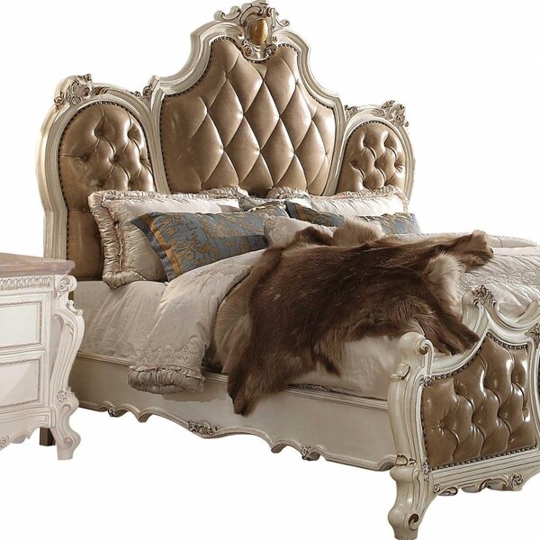 Homeroots 74 x 89 x 78 in. PU Antique Pearl Wood Poly Resin Upholstery Queen Bed - 348208