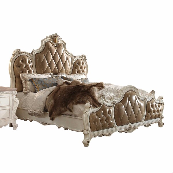 Homeroots 74 x 89 x 78 in. PU Antique Pearl Wood Poly Resin Upholstery Queen Bed - 348208