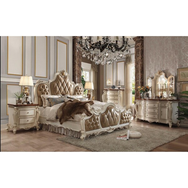 Homeroots 74 x 89 x 78 in. PU Antique Pearl Wood Poly Resin Upholstery Queen Bed - 348208