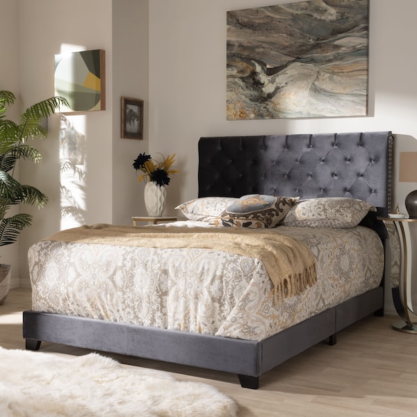 Baxton Studio Candace Luxe and Glamour Dark Grey Velvet Upholstered King Size Bed - 149-8952