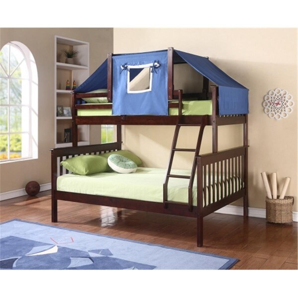 Fixturesfirst PD-122-3CP-755CP-B Twin & Full Size Mission Bunk Bed with Tent Kit - Cappuccino & Blue - FI486585