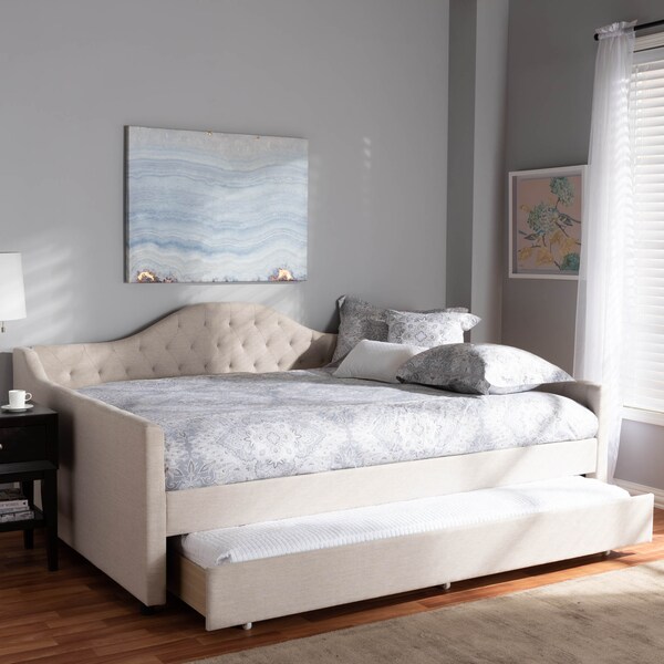Baxton Studio Eliza Light Beige Upholstered Full Size Daybed with Trundle - 147-8717