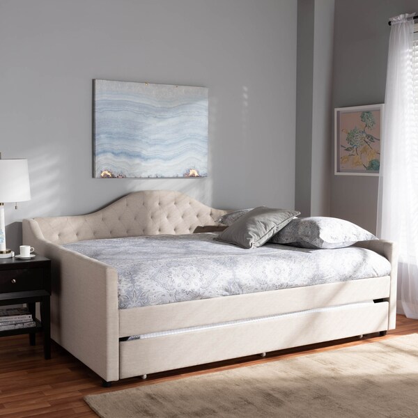 Baxton Studio Eliza Light Beige Upholstered Full Size Daybed with Trundle - 147-8717