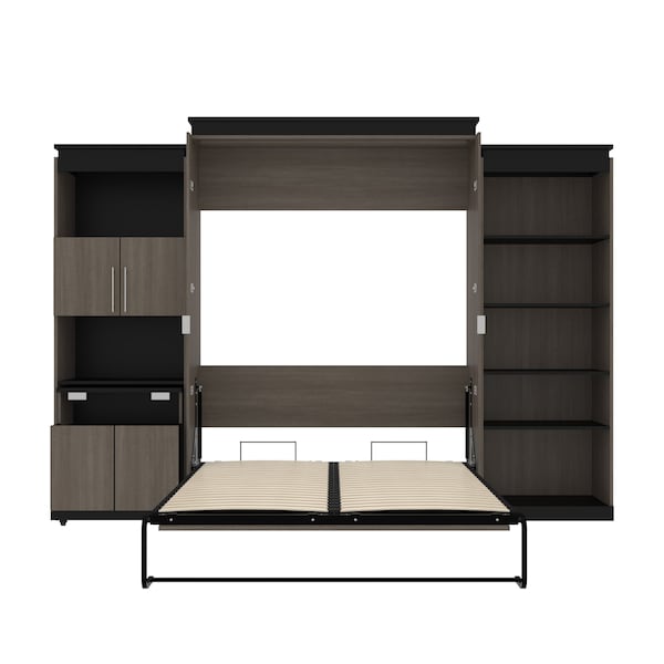 Bestar Orion 124W Queen Murphy Bed with Shelving and Fold-Out Desk (125W), Bark Gray & Graphite - 116876-000047