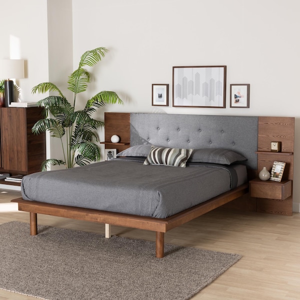 Baxton Studio Eliana Mid-Century Modern Grey Fabric and Wood Platform Bed w/ Built-In Nightstands-King - 235-12774-ZORO