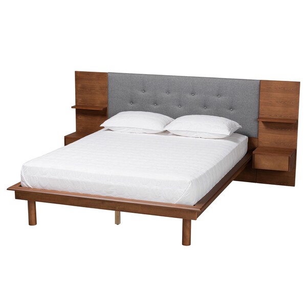 Baxton Studio Eliana Mid-Century Modern Grey Fabric and Wood Platform Bed w/ Built-In Nightstands-King - 235-12774-ZORO