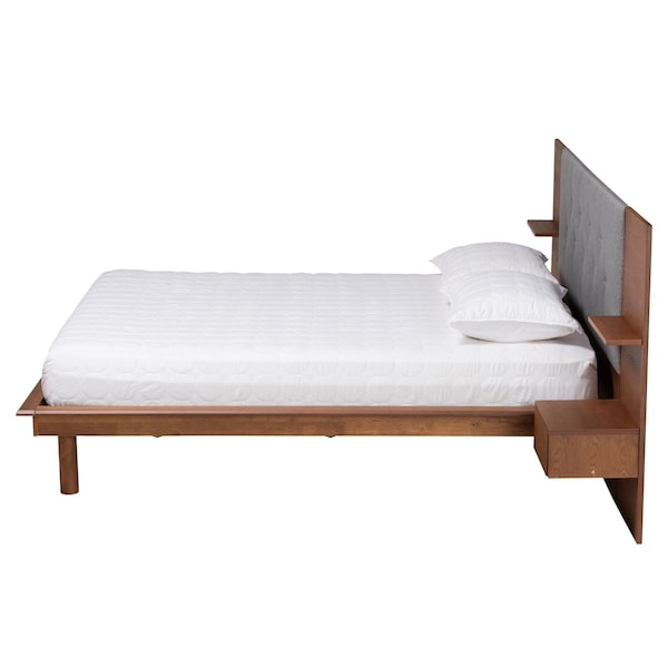 Baxton Studio Eliana Mid-Century Modern Grey Fabric and Wood Platform Bed w/ Built-In Nightstands-King - 235-12774-ZORO