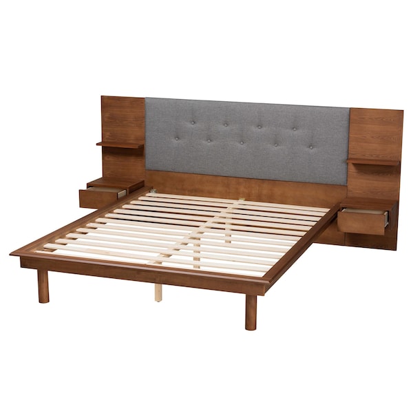 Baxton Studio Eliana Mid-Century Modern Grey Fabric and Wood Platform Bed w/ Built-In Nightstands-King - 235-12774-ZORO