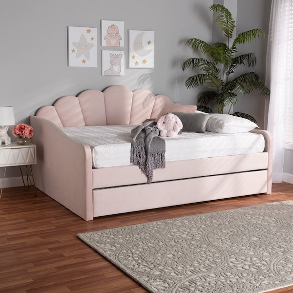 Baxton Studio Timila Modern and Contemporary Light Pink Velvet Fabric Upholstered Queen Size Daybed with Trundle - 215-11550-ZORO