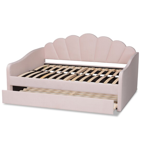 Baxton Studio Timila Modern and Contemporary Light Pink Velvet Fabric Upholstered Queen Size Daybed with Trundle - 215-11550-ZORO