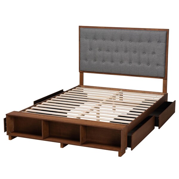 Baxton Studio Jalie Classic Transitional Grey Fabric and Walnut Brown Finished King Size Platform Storage Bed - 237-12639-10670-ZORO