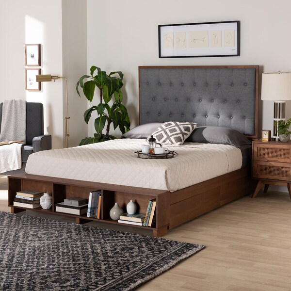 Baxton Studio Jalie Classic Transitional Grey Fabric and Walnut Brown Finished King Size Platform Storage Bed - 237-12639-10670-ZORO