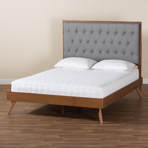 Baxton Studio Dericia Classic and Traditional Grey Fabric and Walnut Brown Finished Wood Queen Size Platform Bed - 237-12638-9408-ZORO