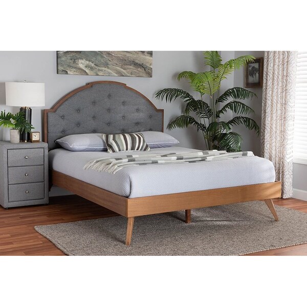 Baxton Studio Blanchard Mid-Century Modern Grey Fabric and Walnut Brown Wood Queen Size Platform Bed - 246-12652-9408-ZORO
