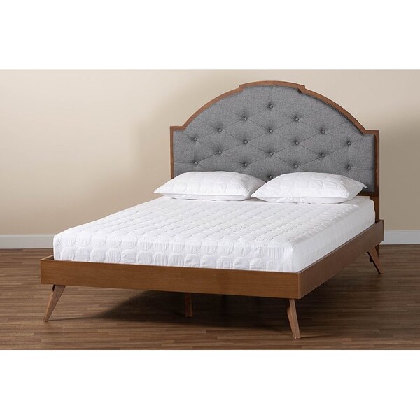 Baxton Studio Blanchard Mid-Century Modern Grey Fabric and Walnut Brown Wood Queen Size Platform Bed - 246-12652-9408-ZORO