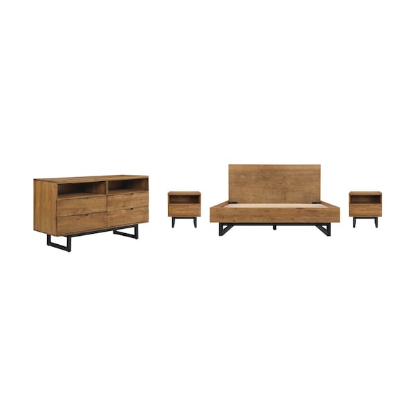 Armen Living Aldo Queen Size 4 Piece Platform Bed Frame Bedroom Set in Brown Oak Wood and Black Metal - SETAOBDBRQN4B