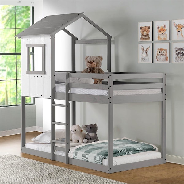 Kd Gabinetes Tree House Bunk Bed Rustic White Wall & Light Grey Roof & Frame - KD2634042