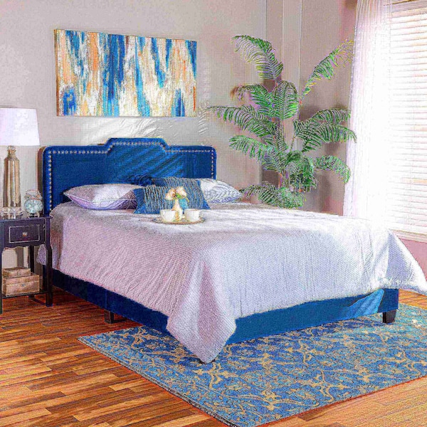 Baxton Studio Benjen Modern and Contemporary Glam Navy Blue Velvet Fabric Queen Size Panel Bed - 183-11267-ZORO
