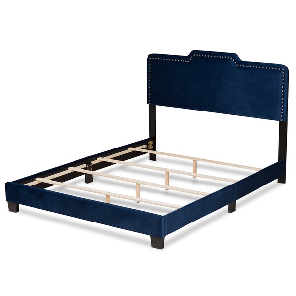 Baxton Studio Benjen Modern and Contemporary Glam Navy Blue Velvet Fabric Queen Size Panel Bed - 183-11267-ZORO