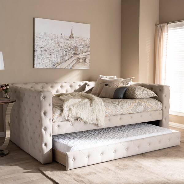 Baxton Studio Anabella Light Beige Upholstered Full Size Daybed with Trundle - 147-8709