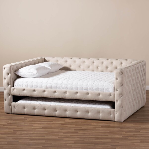 Baxton Studio Anabella Light Beige Upholstered Full Size Daybed with Trundle - 147-8709