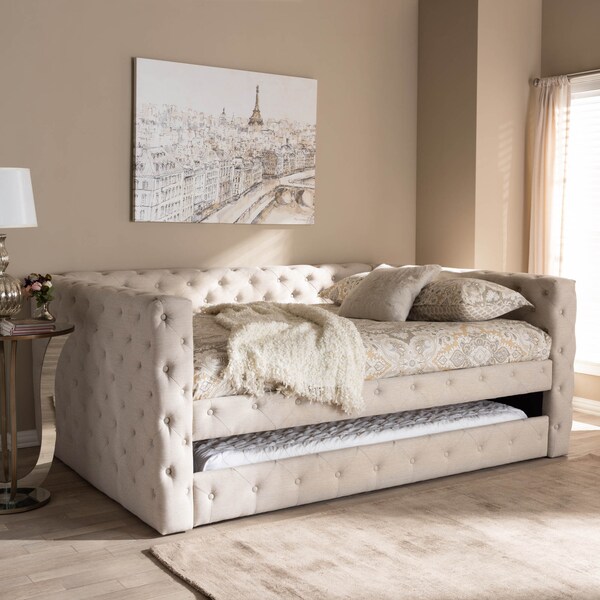 Baxton Studio Anabella Light Beige Upholstered Full Size Daybed with Trundle - 147-8709